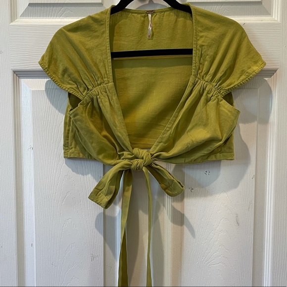 Free People Green Linen Front Tie Crop Top - Picture 4 of 9